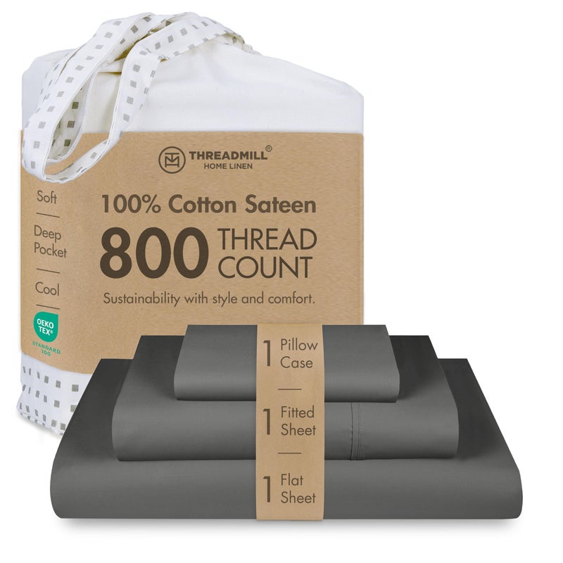 Threadmill Luxury 800 Thread Count 100% Cotton Sheets - Sateen Weave Twin XL Bed-Sheets, Better Than Egyptian Cotton,3 Pc Solid Soft Bedding Set (Dark Grey), Fits 15" Deep Pocket - Image 1